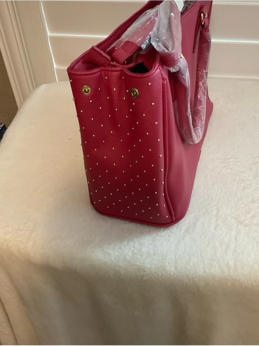 bebe Hot Pink Studded Satchel with Gold Hardware